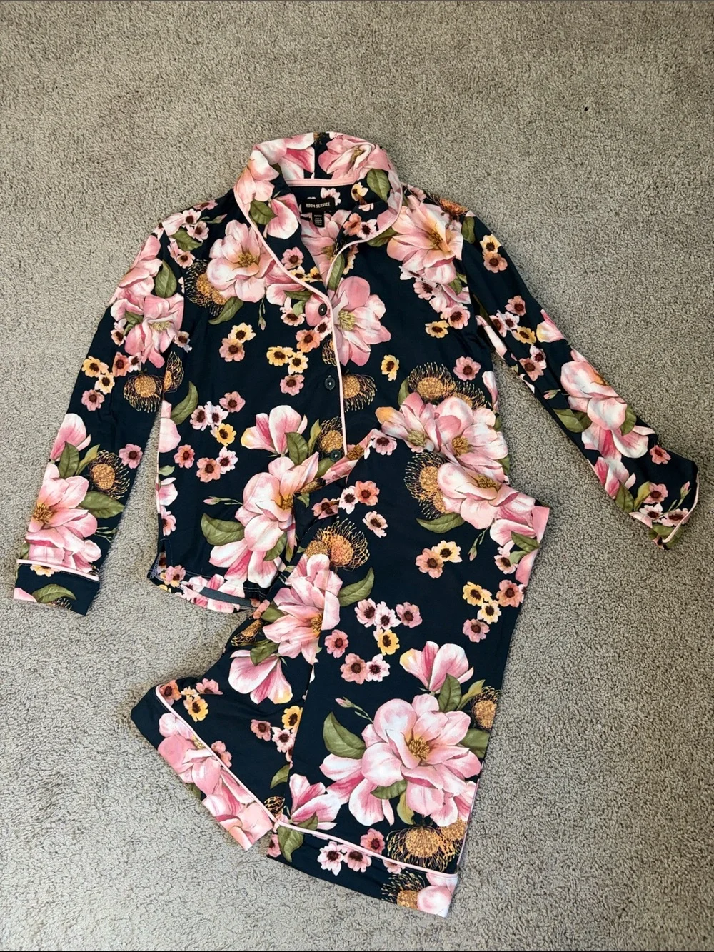 Room Service Dark Floral Pajamas Sleep Loungewear Set Pink Black XS Pockets